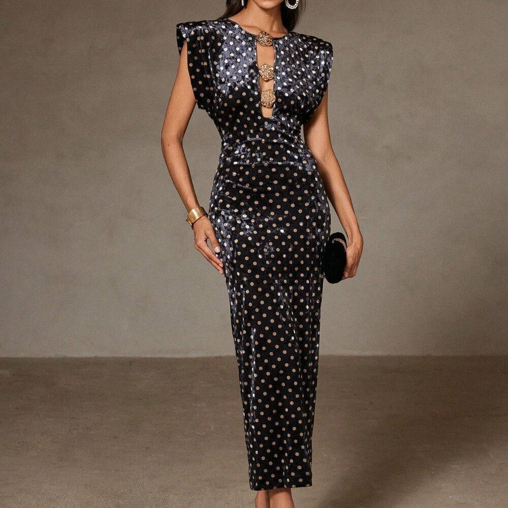 Black Party Women's Polka Dot Elegant Waist Fitted Cap Sleeve Dress